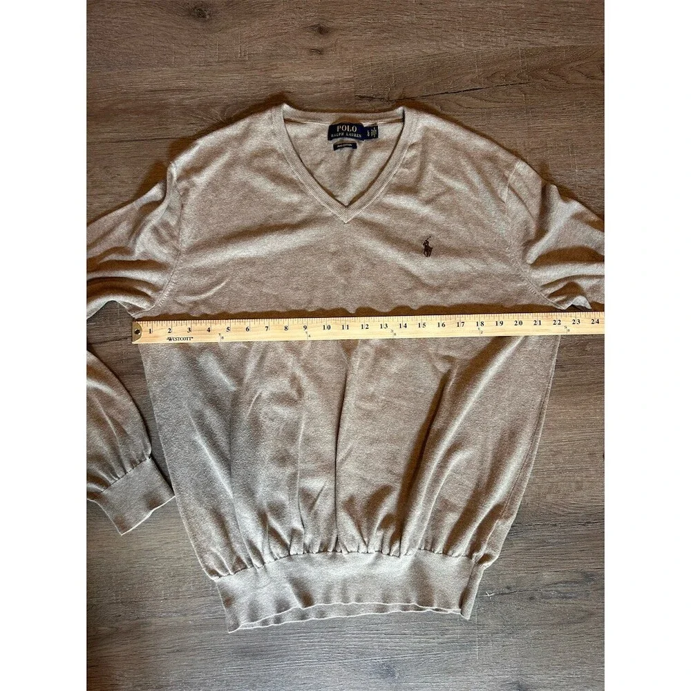 Polo Ralph Lauren Sweater Mens Pima Cotton L Beige V-Neck Pullover Pony Logo